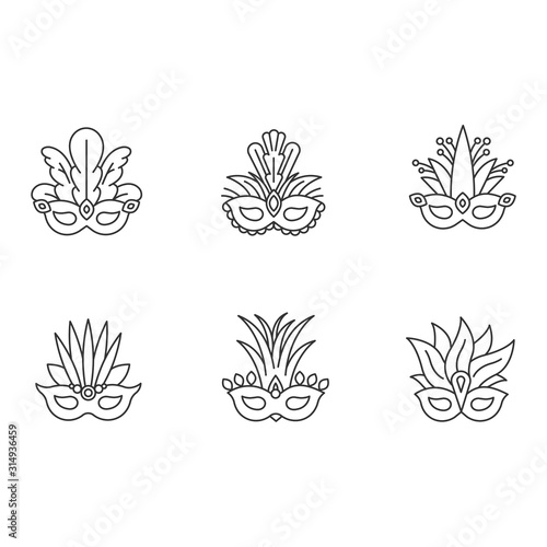 Masquerade masks pixel perfect linear icons set. Traditional headwear with plumage. Ethnic festival. Customizable thin line contour symbols. Isolated vector outline illustrations. Editable stroke