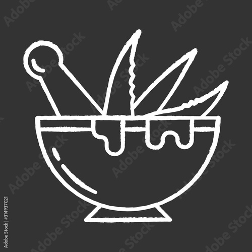 Mortar with pestle chalk white icon on black background. Graining leaves. Aloe vera sprouts in bowl. Plants for grinding. Medicinal herbs. Homemaking process. Isolated vector chalkboard illustration