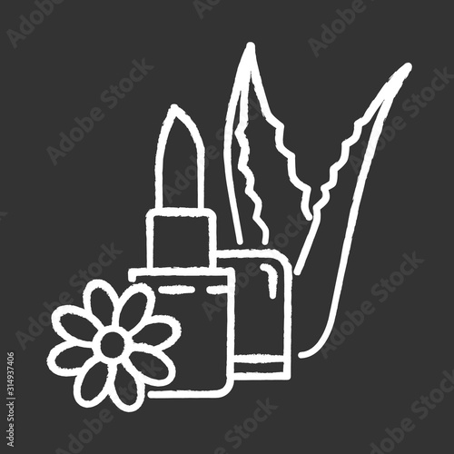 Vegan lipcare chalk white icon on black background. Organic lip balm. Natural lipstick with aloe vera. Cosmetic with herbs, flowers. Dermatology and skincare. Isolated vector chalkboard illustration