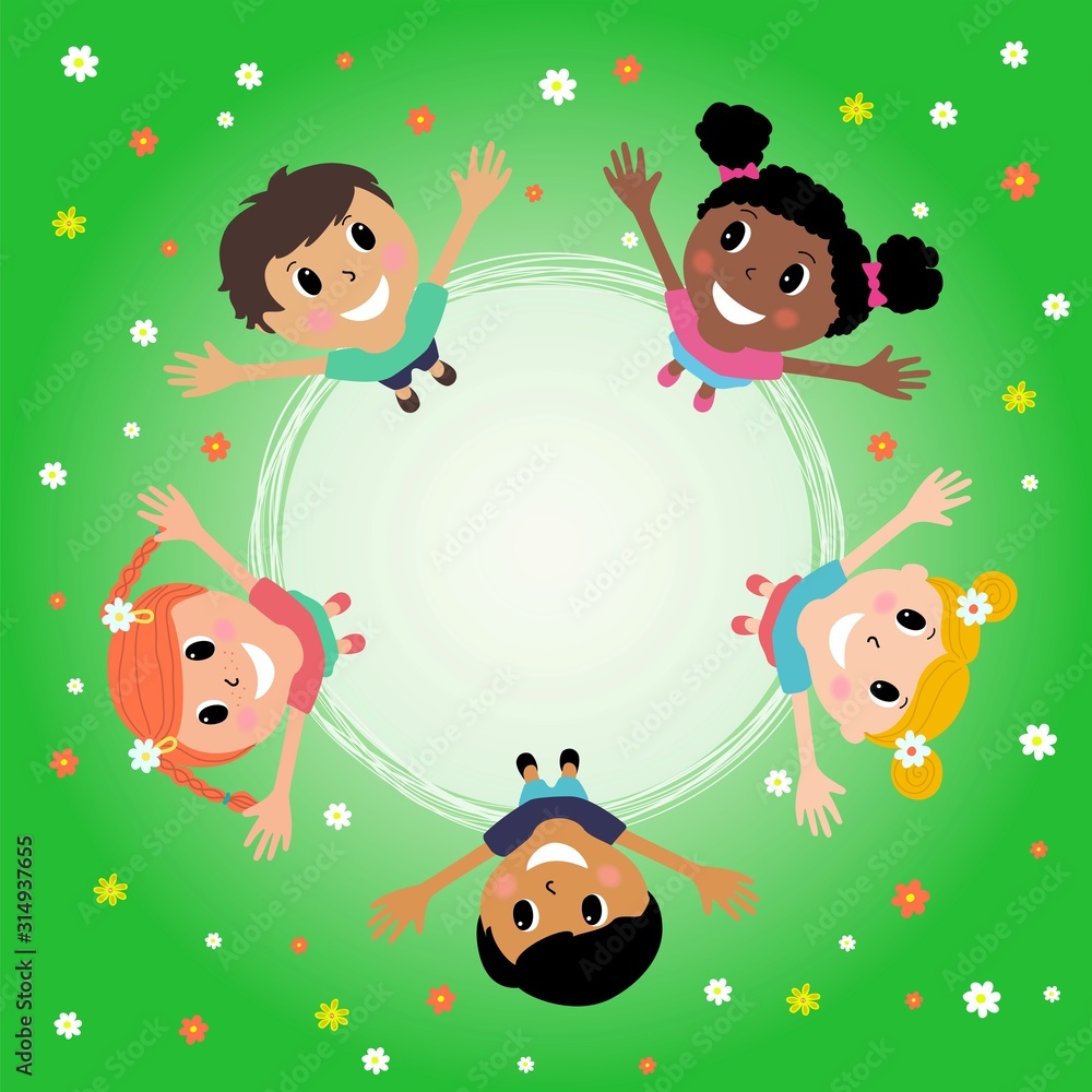 Happy children stand on the grass holding hands. Funny cartoon character.Vector illustration. Happy children stand on the grass holding hands. Funny cartoon character.Vector illustration.