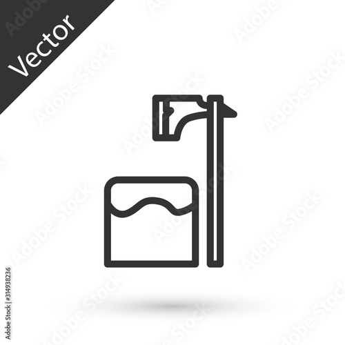 Grey line Executioner axe in tree block icon isolated on white background. Hangman, torturer, executor, tormentor, butcher, headsman. Vector Illustration