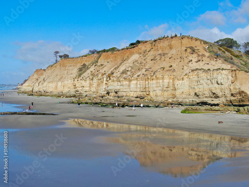 Dog Beach off-leash on Del Mar North Beach, people walking their dogs. San Diego County, California, USA.