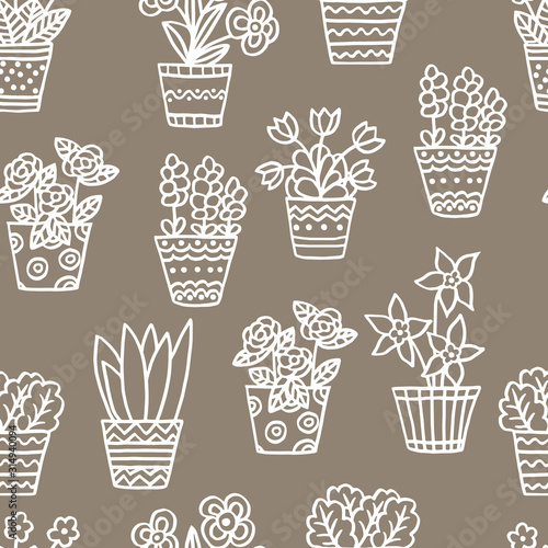 Seamless pattern with hand-drawn houseplants and flowers, white outline on beige background