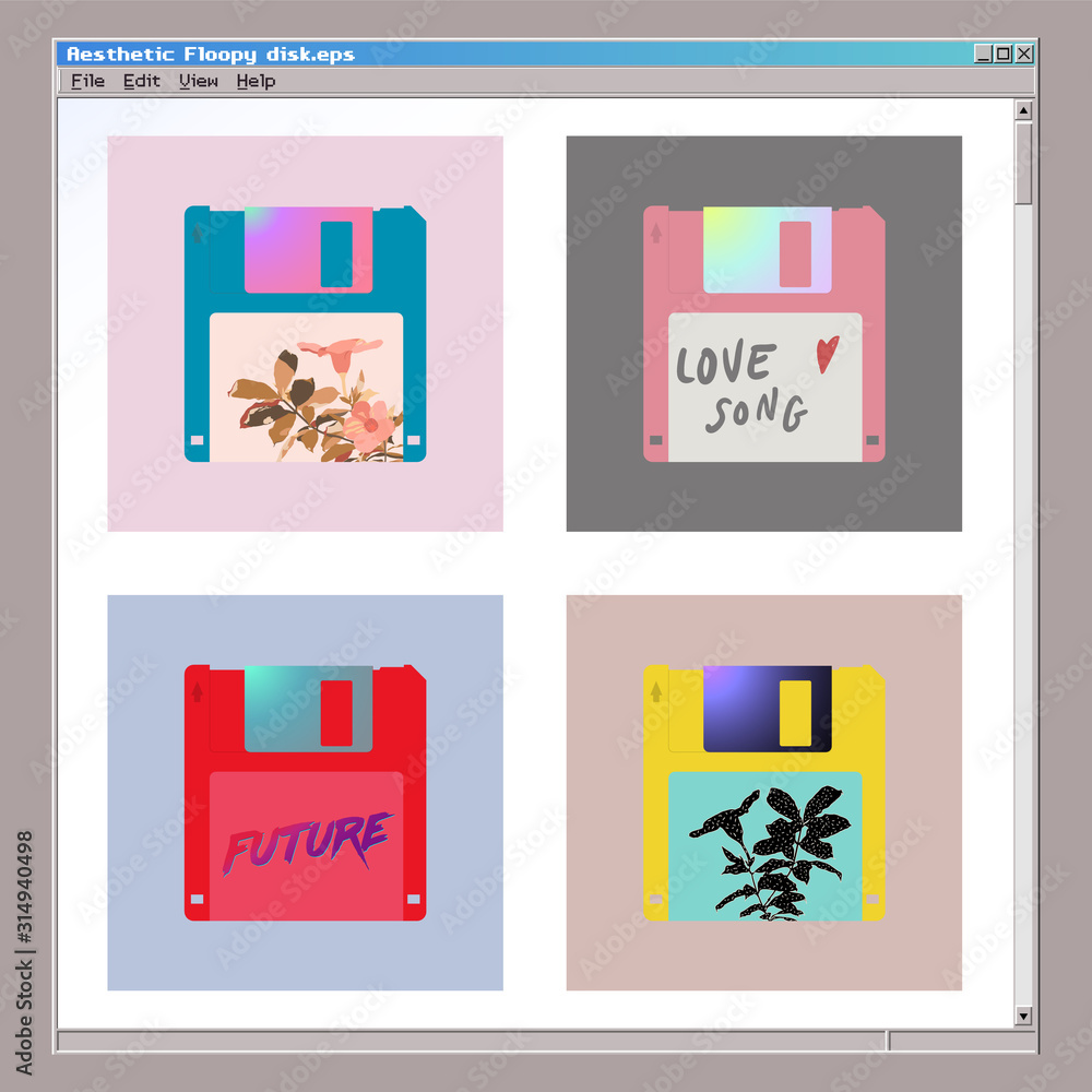 Aesthetic floopy disk - hand draw text and flowers set Aesthetic floopy disk - hand draw text and flowers set