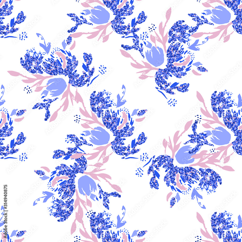 Fototapeta premium Blue floral background. Vector glitter textured seamless pattern with flowers bouquet