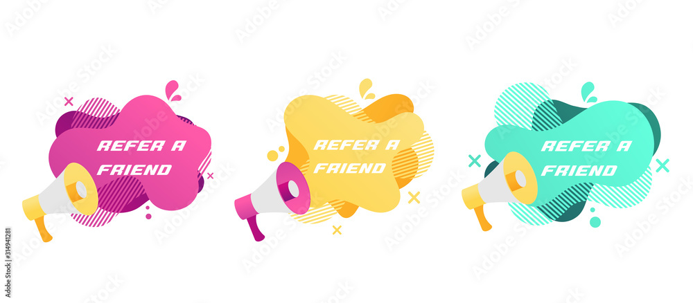 Refer a friend set of marketing design badges with loudspeaker. Advertising concept. Vector illustration isolated on white background Refer a friend set of marketing design badges with loudspeaker. Advertising concept. Vector illustration isolated on white background