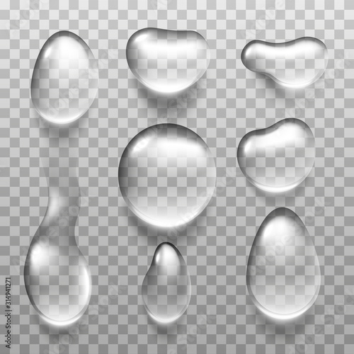 Transparent water drop on light gray background. Vector illustration