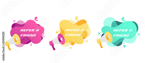 Refer a friend set of marketing design badges with loudspeaker. Advertising concept. Vector illustration isolated on white background