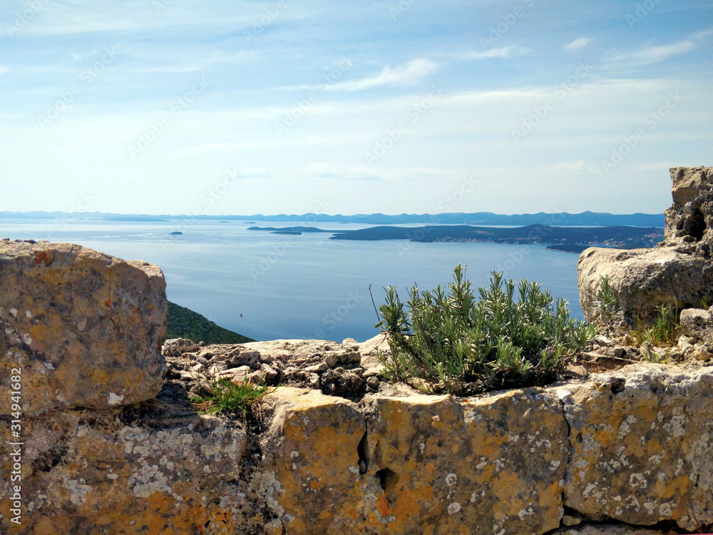 Wilder Lavendel auf Insel Ugljan in Kroatien bei Zadar mit Blick ausf Meer und Steine