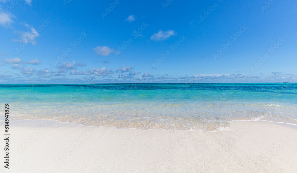 Idyllic beach view. Peaceful tropical landscape. Blue sea and sky over white sand