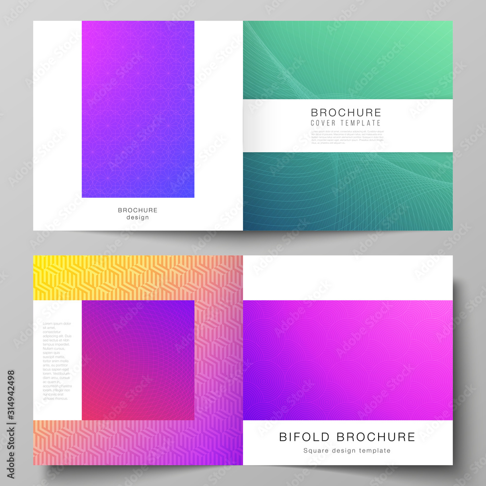The vector illustration of editable layout of two covers templates for square design bifold brochure, magazine, flyer, booklet. Abstract geometric pattern with colorful gradient business background