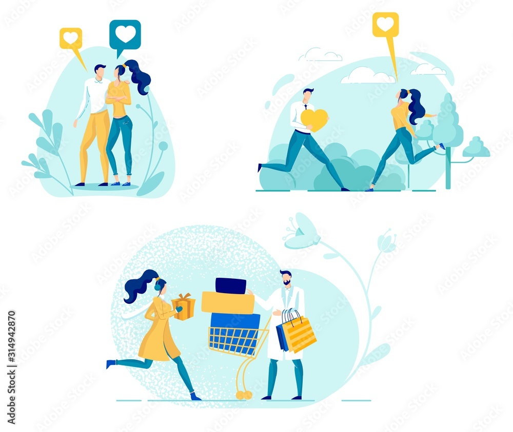 Romantic Couple Flat Vector Illustrations Set Romantic Couple Flat Vector Illustrations Set