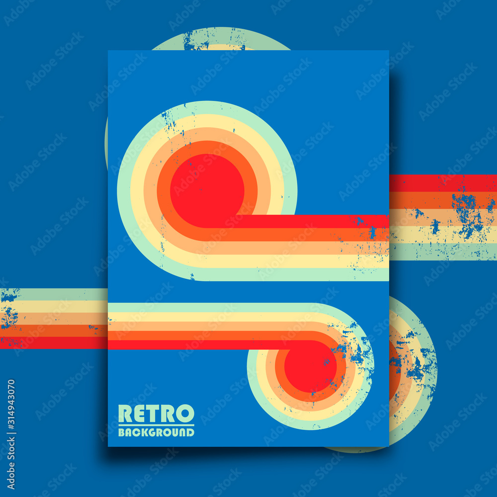 Retro design poster with vintage grunge texture and colorful twisted stripes. Vector