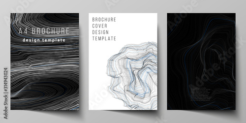 The vector layout of A4 format modern cover mockups design templates for brochure, magazine, flyer, booklet, annual report. Smooth smoke wave, hi-tech concept black color techno background.