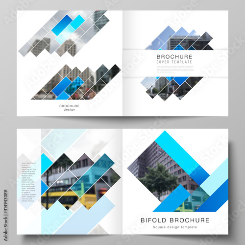 The vector illustration layout of two covers templates for square design bifold brochure, magazine, flyer, booklet. Abstract geometric pattern creative modern blue background with rectangles.