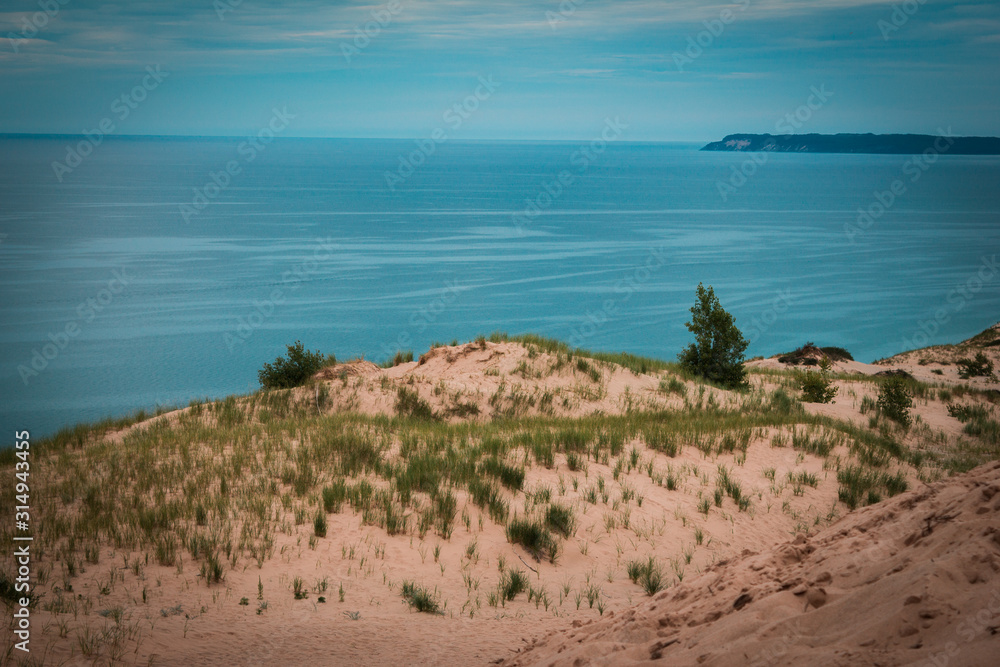 Landscape shot of South Manitou island on Lake Michigan from the Sleeping Bear Dunes
