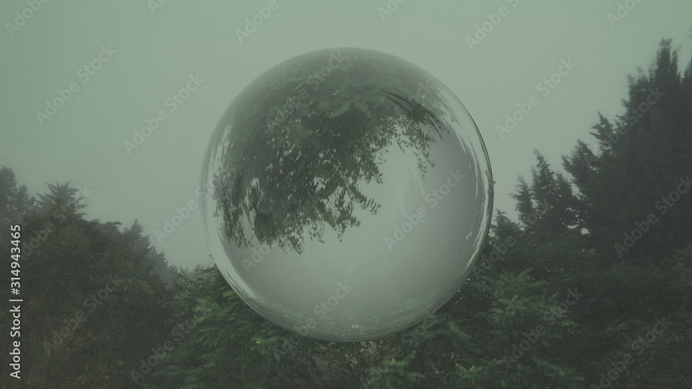 Naklejka premium fantasy landscape or tree landscape in sphere glass 3d illustration
