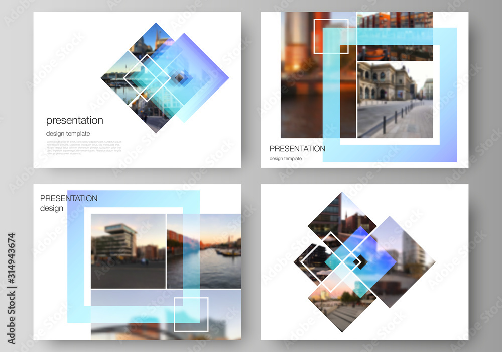 Naklejka premium The minimalistic abstract vector illustration of the editable layout of the presentation slides design business templates. Creative trendy style mockups, blue color trendy design backgrounds.