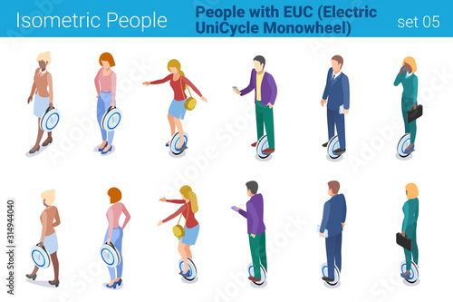 Isometric People with Electric Unicycle Monowheel flat vector collection. Men and Women ride on EUC