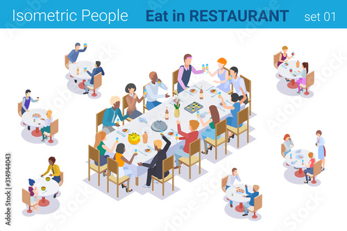 Isometric People sitting at Table Eating and Talking in Restaurant flat vector collection. © Sentavio