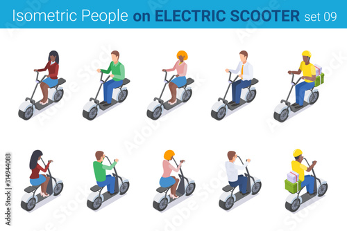 Isometric People on Electric Scooter flat vector collection.