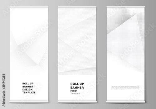 Vector layout of roll up mockup design templates for vertical flyers, flags design templates, banner stands, advertising design. Halftone dotted background with gray dots, abstract gradient background