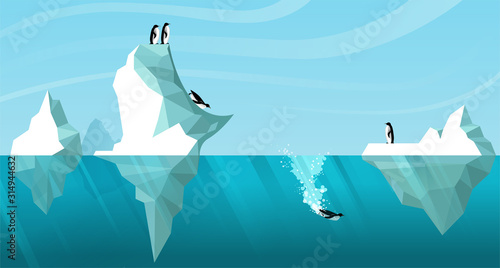 Arctic daytime landscape showing white icebergs floating in the ocean. Penguins roll off an iceberg like a slide and dive into the water. One penguin is swimming underwater. Vector. Wildlife scene 