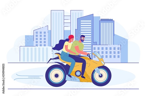 Young Loving Couple Riding Motorbike in City.
