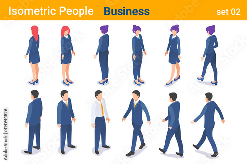 Isometric Business People flat vector collection. Businessman and Businesswoman standing and walking back and front poses