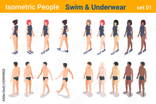 Isometric People in Underwear swimming trunks and swimsuit flat vector collection.