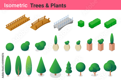 Isometric Trees Bushes and Plants with Bridge flat vector collection.