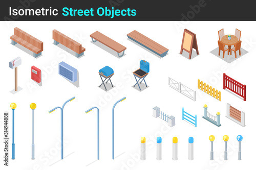 Isometric Street objects flat vector collection: Bench, Fence, Grill, Table, Chair, Mailbox, Lantern set.