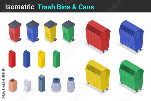Isometric Trash Bin and Can flat vector collection.