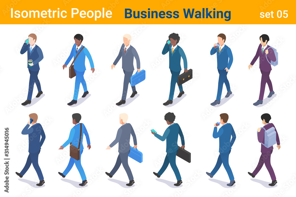 Isometric Business People flat vector collection. Businessman walking with briefcase bag and talking or looking on Mobile phone back and front poses