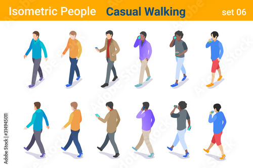 Isometric Casual People flat vector collection. Man walking, talking or looking on Mobile phone, back and front poses