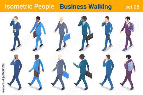 Isometric Business People flat vector collection. Businessman walking with briefcase bag and talking or looking on Mobile phone back and front poses