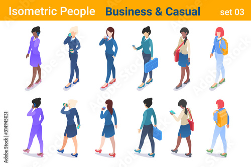 Isometric Business People flat vector collection. Businesswoman and Casual girl walking and talking or looking on Mobile phone back and front poses