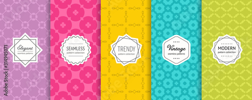 Vector geometric seamless patterns. Set of bright colorful background swatches with modern minimalist labels. Cute abstract textures collection, floral motif. Purple, pink, yellow, blue, green color