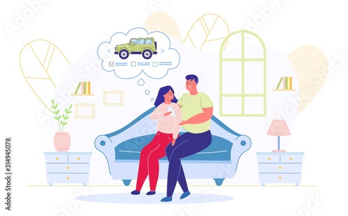 Couple Sitting on Sofa Watching Car for Purchase