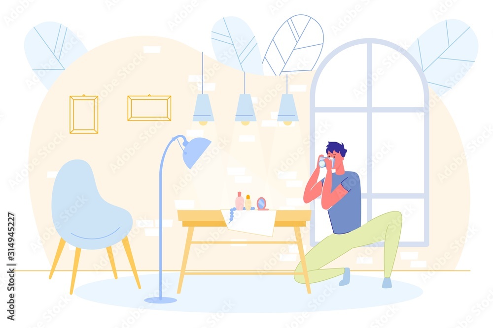 Man Photographer Working at Home Shooting Objects Man Photographer Working at Home Shooting Objects