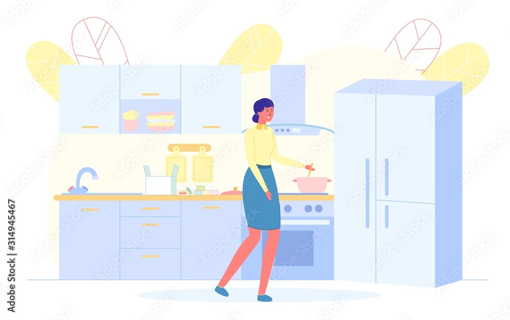 Smiling Woman Cooking Takeaway Dinner at Home Smiling Woman Cooking Takeaway Dinner at Home