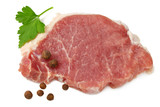Sliced raw pork meat with parsley and peppercorns isolated on white background. top view