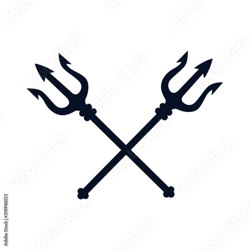 Crossed tridents vector logo illustration isolated sign symbol. Icon pictogram for web graphics.