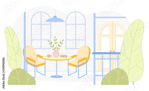 Cartoon Home, Restaurant, Hotel Furnished Veranda.
