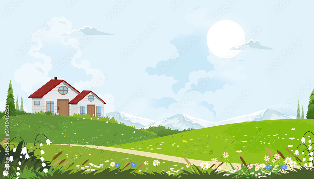 Cartoon vector Spring landscape with mountain, .blue sky and cloud,Panorama Green fields, farmhouse on sunny day summer,Peaceful nature in springtime with grass land and wild flowers in countryside Uk