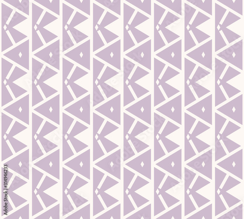 Vector geometric seamless pattern. Colorful funky texture with small geometric shapes, triangles, rhombuses, stripes. Abstract lilac and white background. Repeat design for decor, fabric, cloth, linen