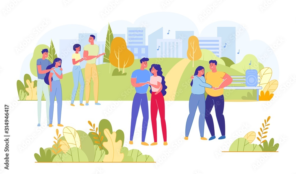 Fototapeta premium Men and Women Cuples Dancing in City Park Flat.