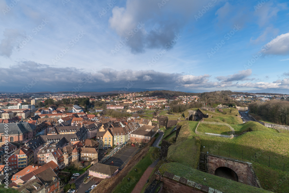 Aerial view of Belfort Castle and the cityscapes in a sunny day