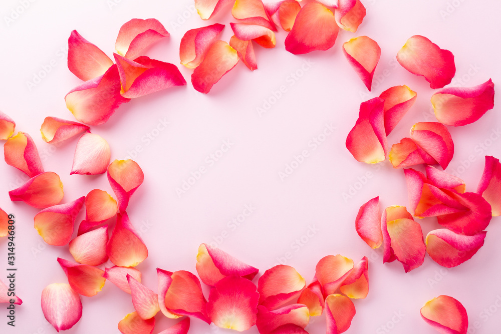 Petal on pink background. Romantic concept for Valentine Day or Birthday. Top view. Space for text. 