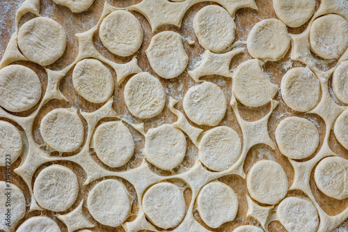Cut circles for dumplings, texture from the dough.